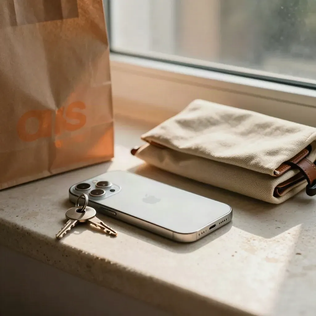 Telefono, chiavi auto e portafoglio su un davanzale di pietra con borsa da asporto arancione.