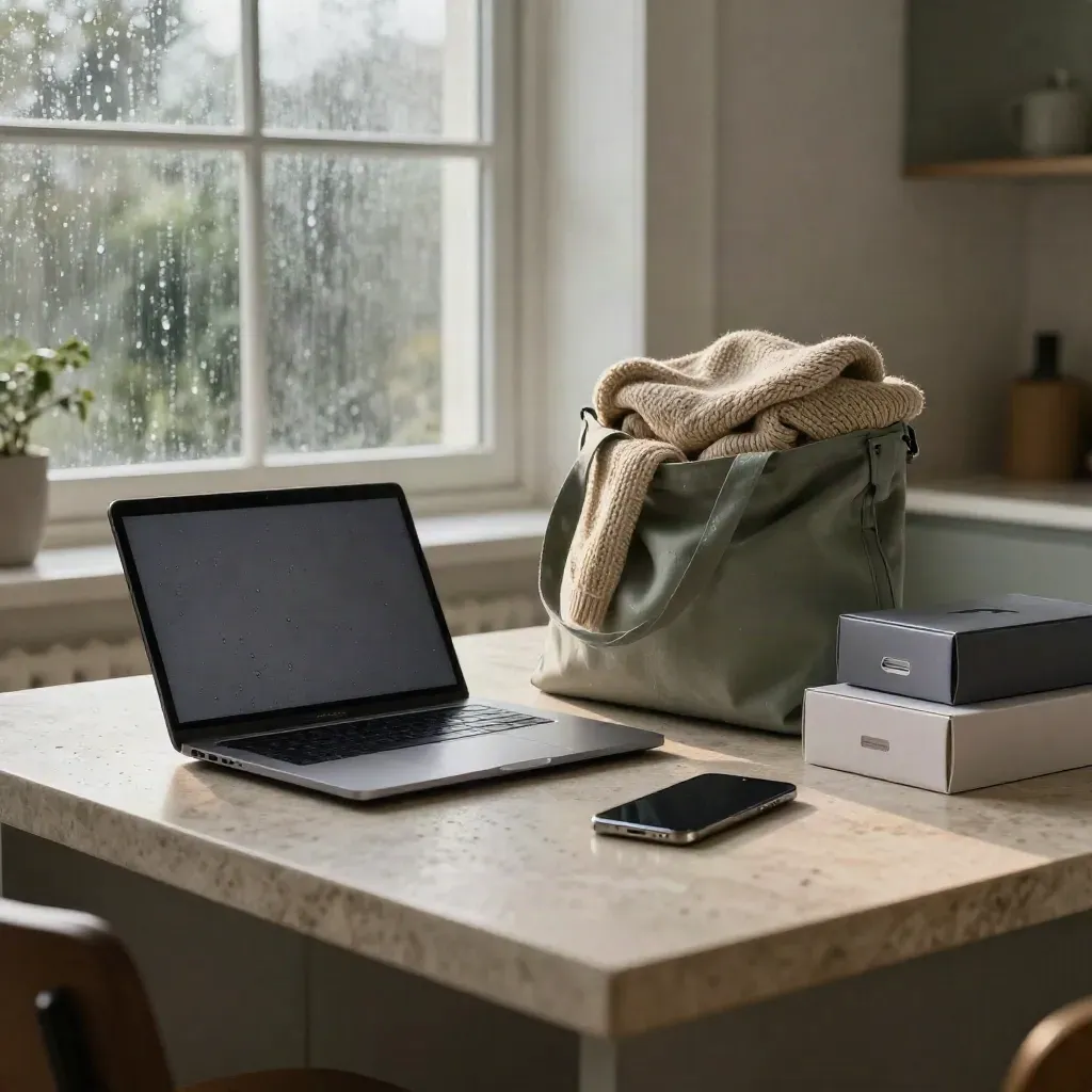 Carrello risparmio con laptop, smartphone, borsa verde e scatole tech su piano bagnato.