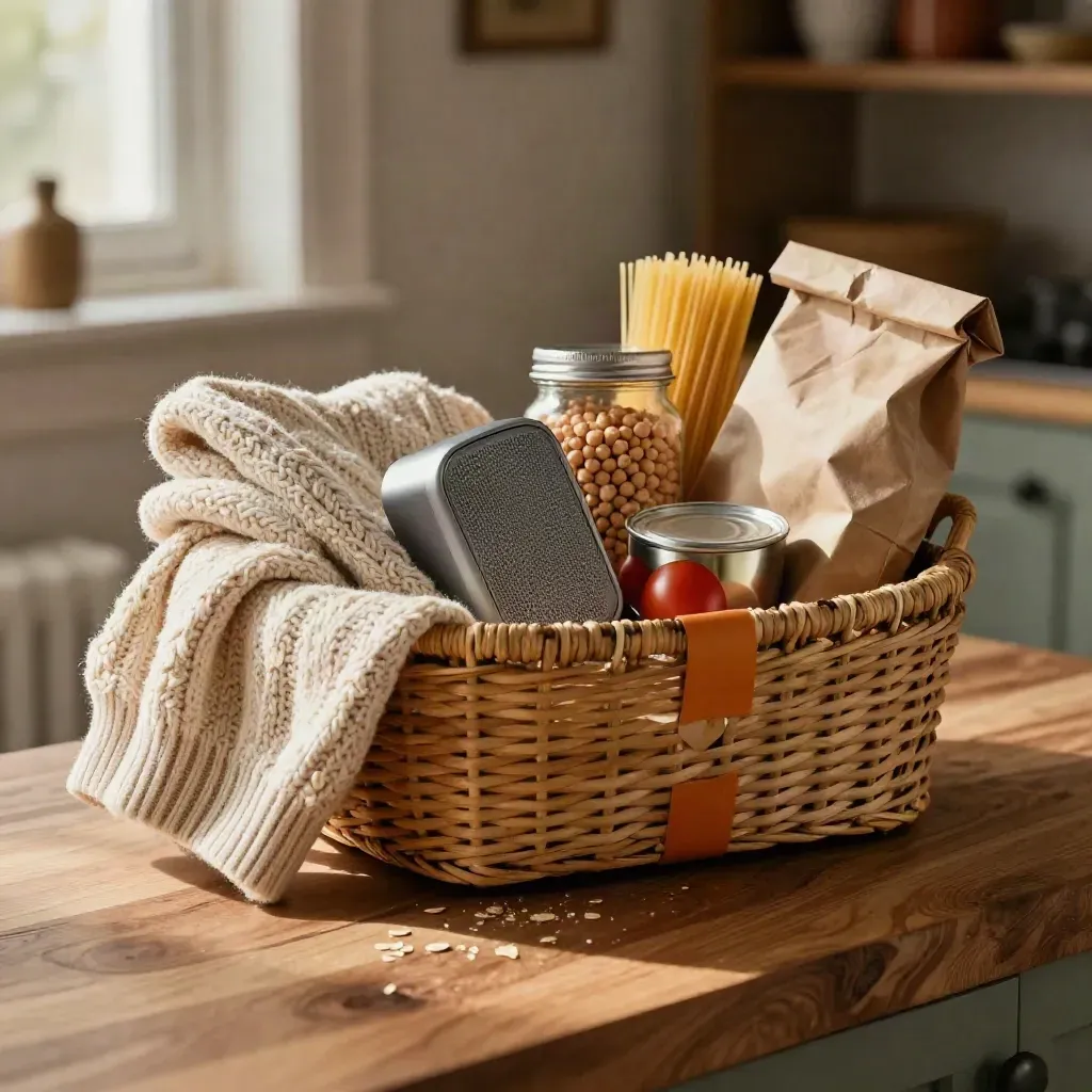 Cesto con maglione piegato, speaker compatto e generi alimentari su un banco di legno