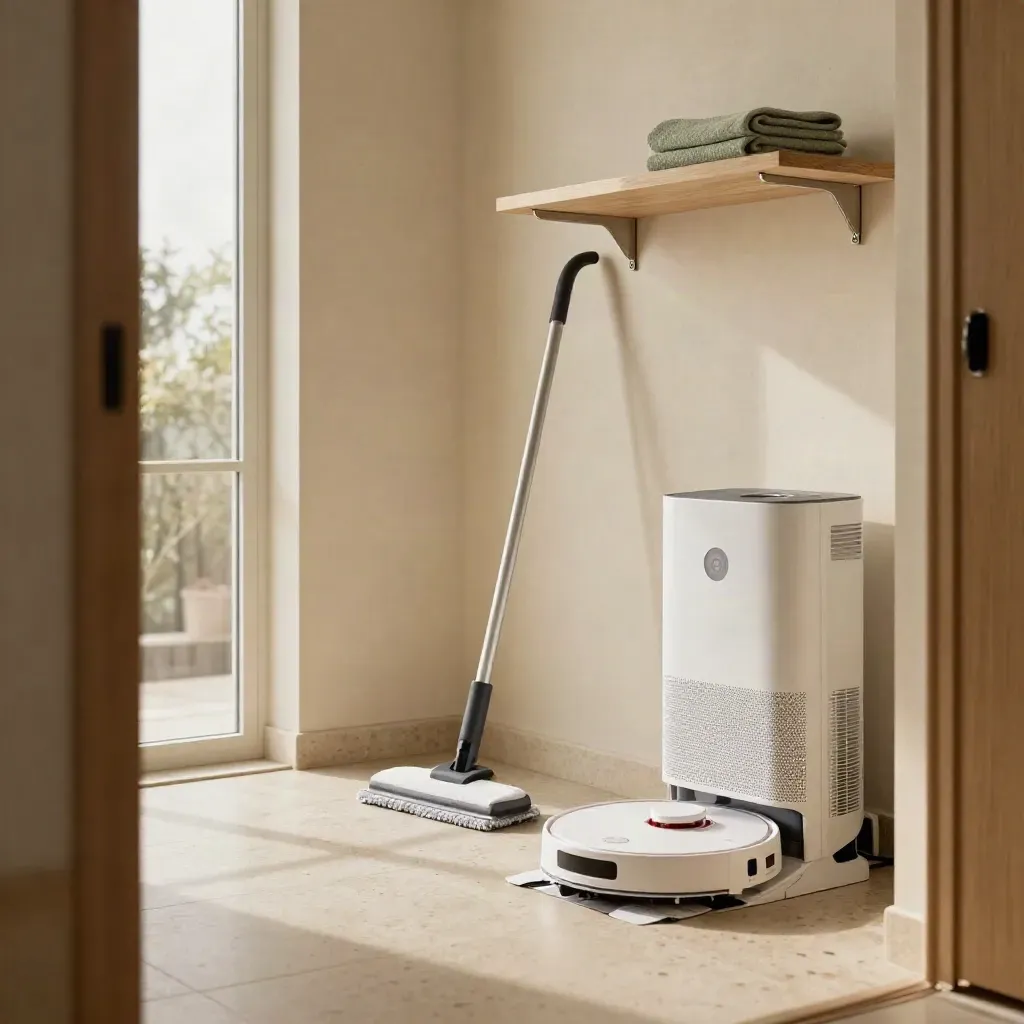 Aspirapolvere robot, mop a vapore e purificatore d’aria in una lavanderia chiara