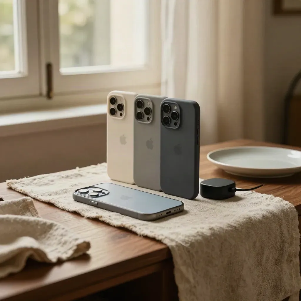 Tre smartphone in saldo su un runner di lino, con luce calda dalla finestra.