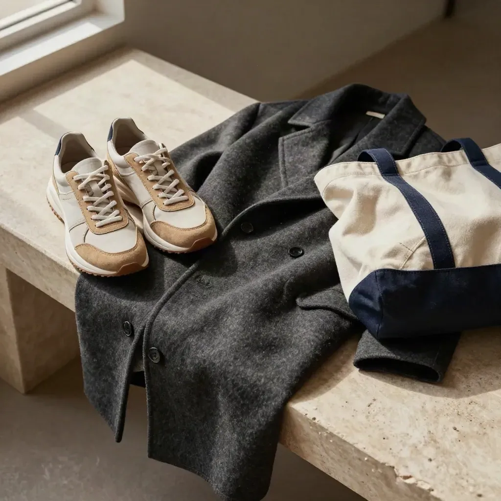 Sneakers neutre, cappotto di lana e tote in canvas su una panca chiara, visti dall’alto.