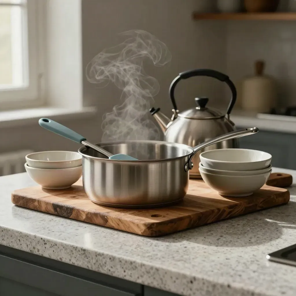 Pentola, spatola e ciotole in cucina su piano in pietra con vapore leggero.