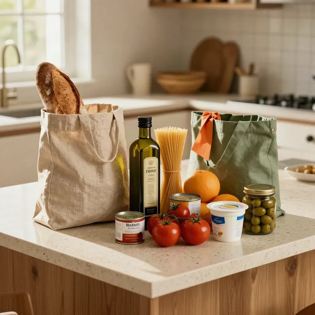 Isola cucina in travertino con borsa di lino, pane e spesa scelta con luce calda