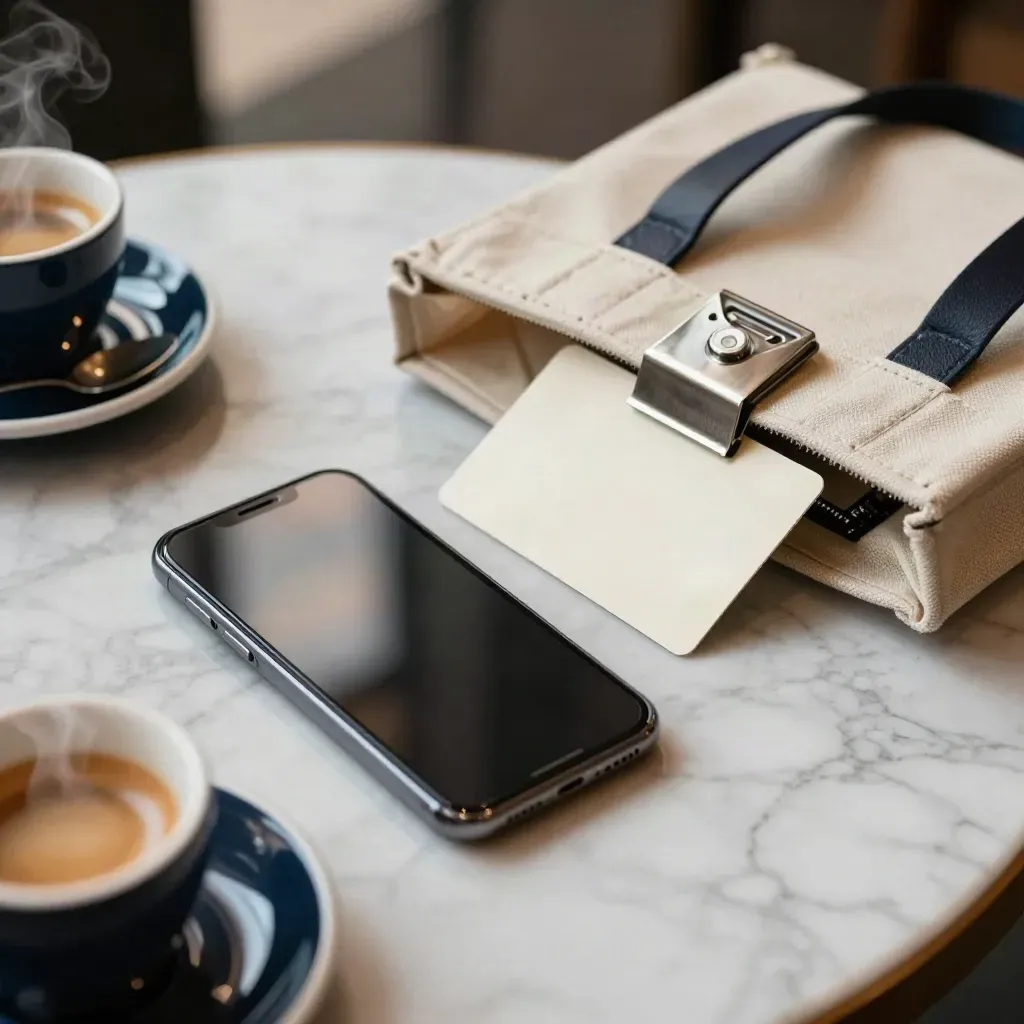 Smartphone, coupon card e tote su tavolo di marmo in caffè con vapore e luce blu notte.