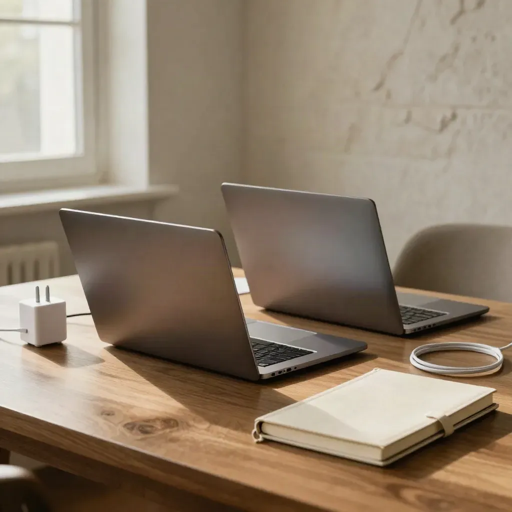 Due laptop sottili, caricatore e notebook su scrivania di home office, luce morbida dalla finestra.
