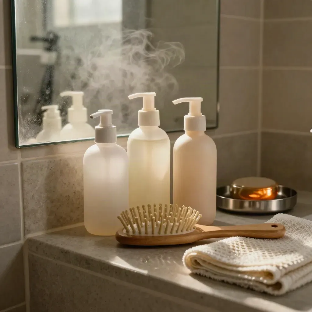 Bottiglie skincare, spazzola e asciugamano su mensola bagno con vapore e specchio appannato