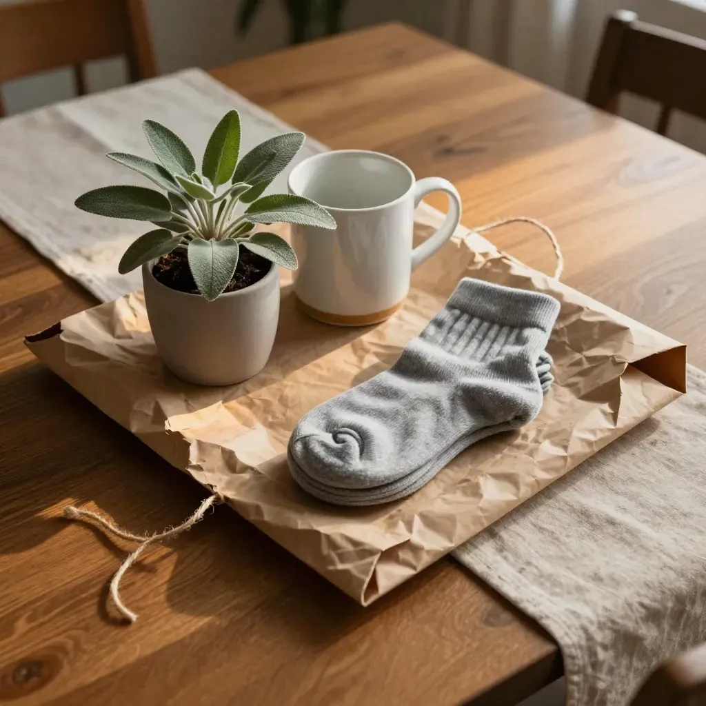 Pacco regalo con tazza, piantina e calze su tavolo, luce calda serale.