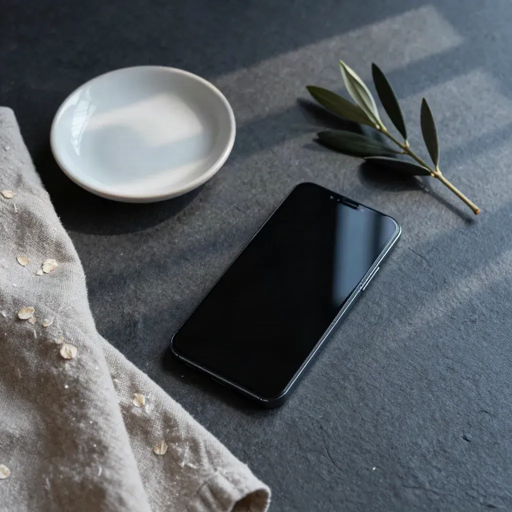 Smartphone nero, lino piegato, piattino in ceramica e ramoscello d’olivo su pietra