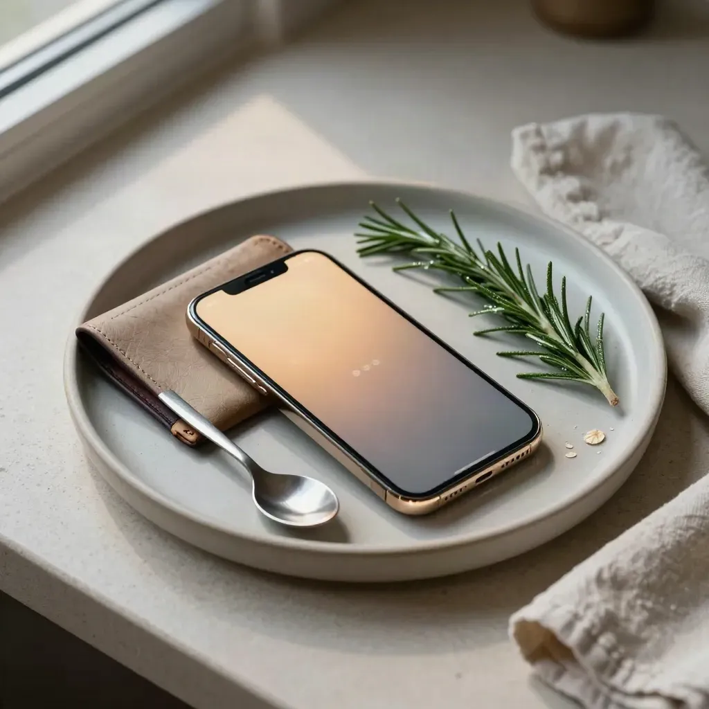 Smartphone su vassoio in ceramica con portafoglio, cucchiaino e rosmarino, luce mattutina.